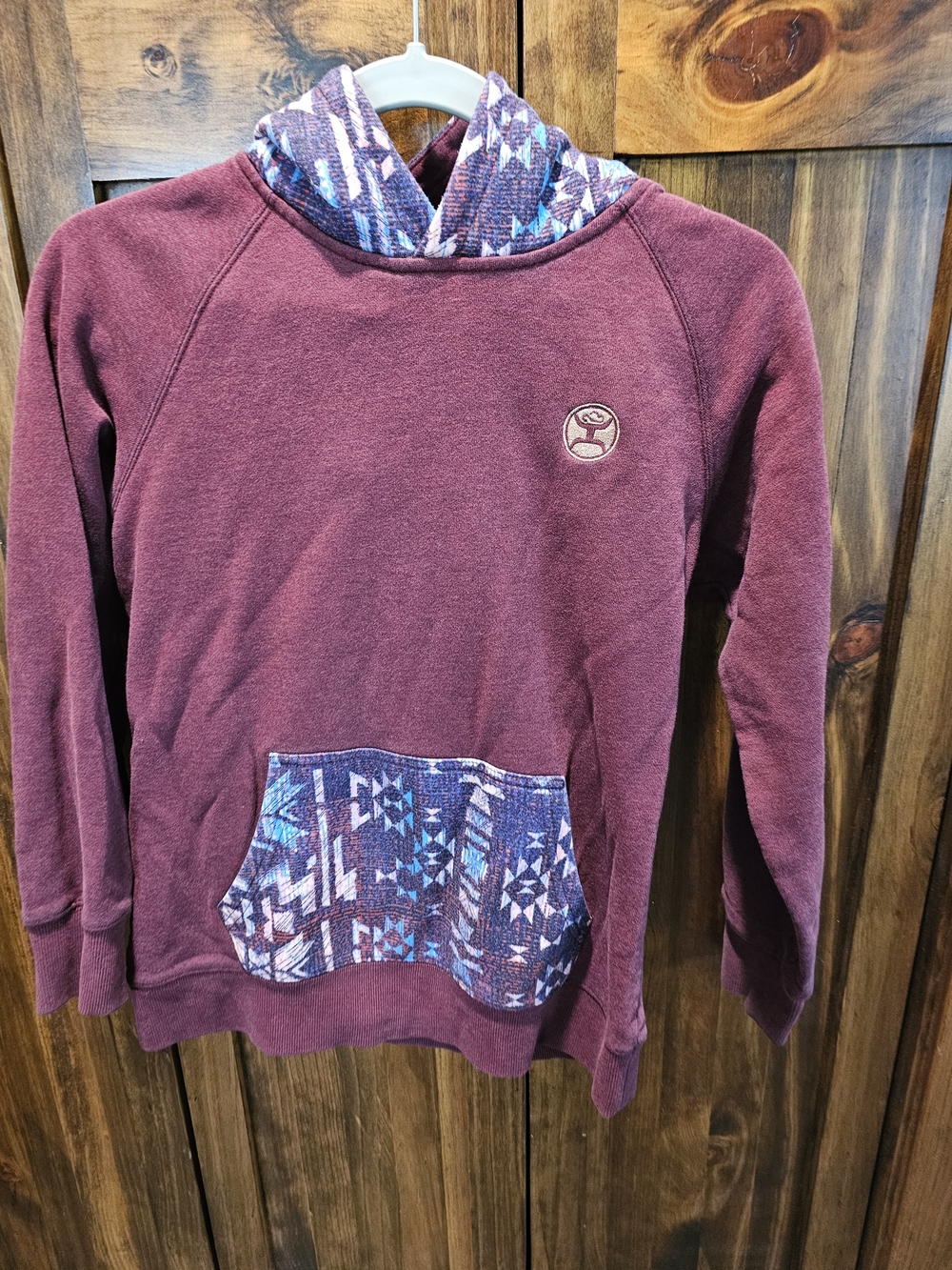 Hooey Maroon Kids Hoodie with Patterned Pocket & Lining